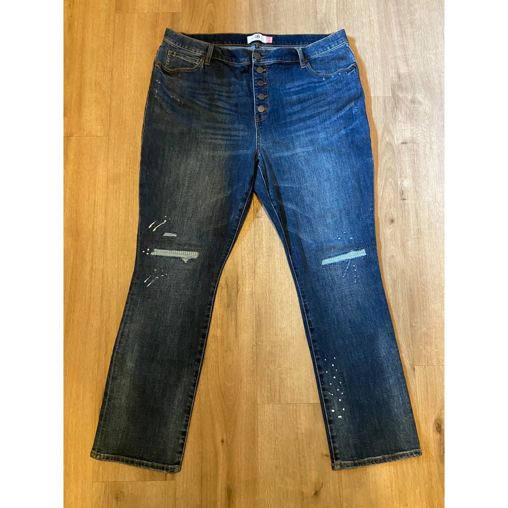 Cabi Button Fly Straight Jeans 20 Blue Distressed Paint Splatter Artistic Denim